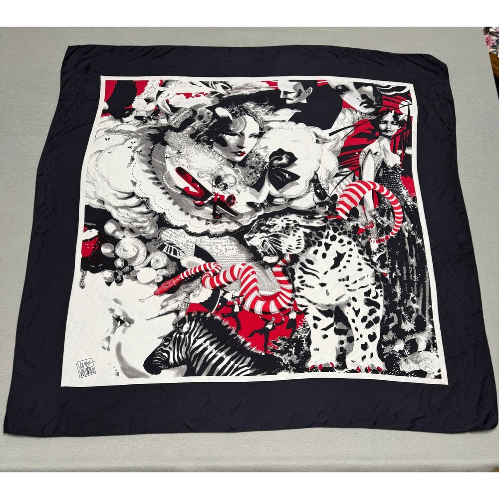 Very Vollbracht Scarf Womens Black Red Silk Graphic Leopard Surrealist Art